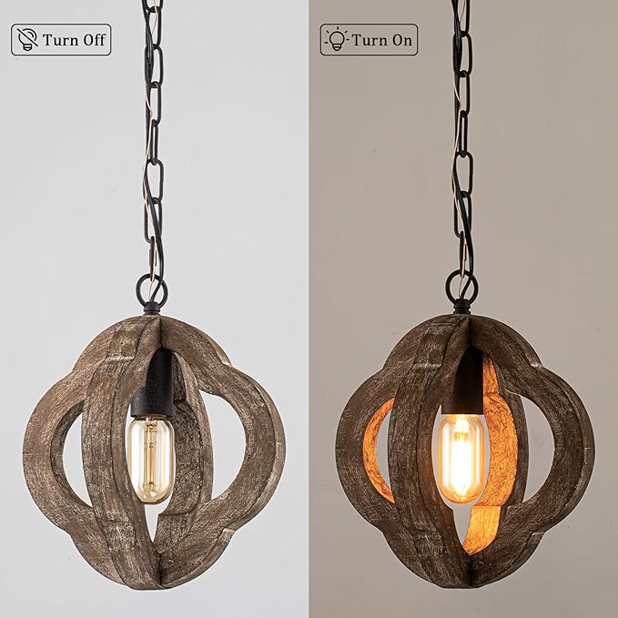 9.84" Modern Farmhouse Wood Pendant Lights Kitchen Island 1-Light Orb Distressed Oak Pendant Light Rustic Ceiling Hanging Light for Kitchen Sink Dining Room Hallway Entryway Foyer Adjustable Chain E26