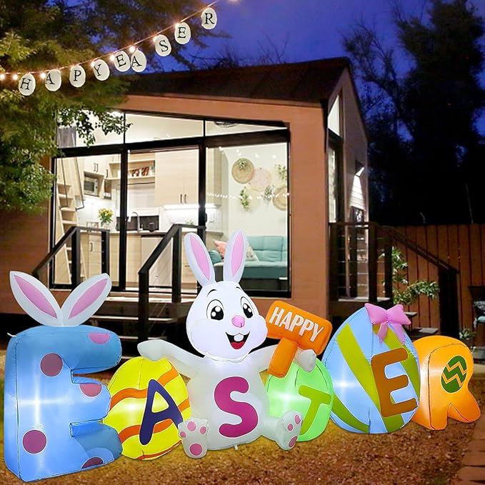Joliyoou 8FT L Easter Inflatable Yard Decoration, Lighted Blow Up Bunny Sitting with Easter Eggs, Light Up Air Blown Rabbit Happy Easter for Spring Holiday Lawn Garden Indoor Outdoor Decors