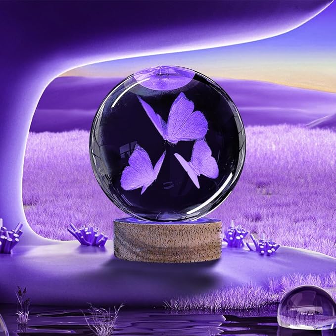 3D Butterfly Crystal Ball Night Light with Woodern Base, 3.15" Butterfly Figurine Glass Lamp with 16 Colors Cute Desk Decor for Home Butterfly Gifts for Women Kids Friends