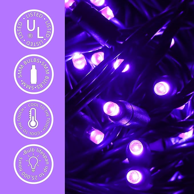 50 LED 5MM Purple Christmas Lights, 17FT Indoor/Outdoor String Light, Mini Lights for Garden, Patio, Christmas Trees - Green Wire, Commercial Grade, UL Listed