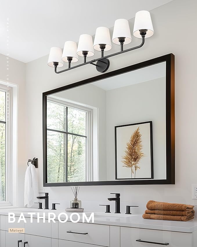 Bathroom Light Fixtures, 42 Inch Matte Black Vanity Lights with Flared White Fabric Shade, 6-Light Wall Sconce, Modern Sconces Wall Lighting for Hallway Bedroom, VL837-MB-6