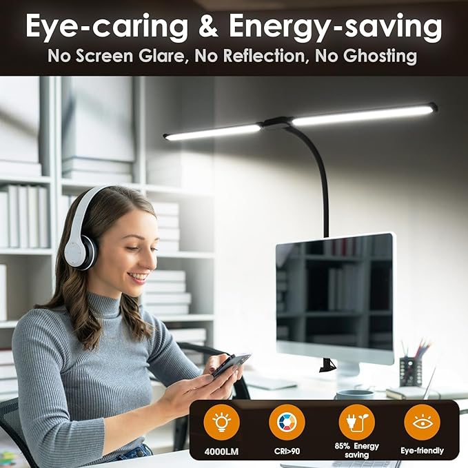 LED Desk Lamp with Two Heads, Clamp On Desk Lamps, 24W, 4000 LMS, CRI>90, 5 Color Modes (2600K-6500K), 10 Brightness Levels, Adapter Included