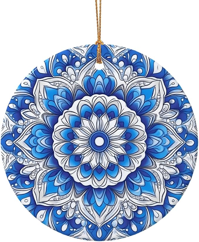 Bohemian Mandala Blue Christmas Ornaments, Christmas Decorations Xmas Tree Hanging Ornaments, Round Ceramic Festive Keepsake Gift for Xmas Decorations Holiday Home Decor