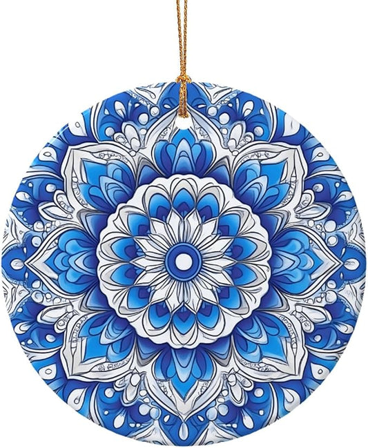 Bohemian Mandala Blue Christmas Ornaments, Christmas Decorations Xmas Tree Hanging Ornaments, Round Ceramic Festive Keepsake Gift for Xmas Decorations Holiday Home Decor