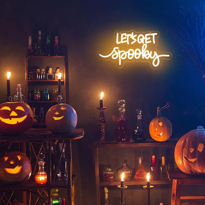 Let's Get Spooky Neon Signs Halloween Neon Sign Yellow Letter LED Neon Light Signs Spooky Neon Wall Sign Quote LED Sign Neon Lights for Wall Bedroom Bar Man Cave Party Halloween Room Decor