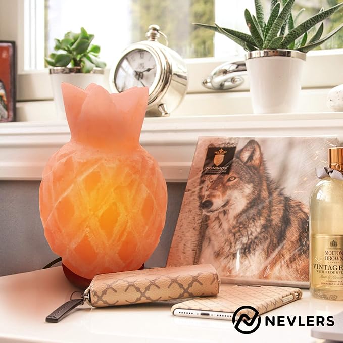 Nevlers Pineapple Shape Pink Himalayan Salt Lamp w/Wood Base| 7-8 lbs & 7"- 8" Tall Himalayan Pink Salt Lamp w/Dimmer Cord & Light Bulb| 100% Salt Rock Lamp | Ambient Salt Crystal Lamp for Home Decor