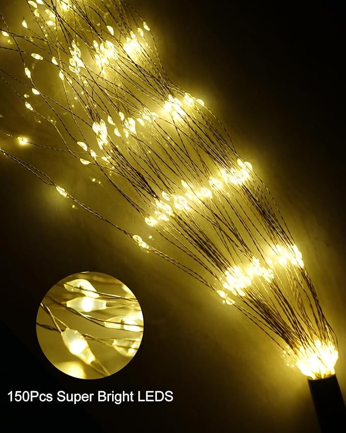 Solar Firework Lights Outdoor Waterproof 2Pcs 150 LED with 8 Modes DIY Stake Landscape Light for Outside Garden Yard Pathway Party Decor Christmas Decoration Solar Starburst Lights Warm White