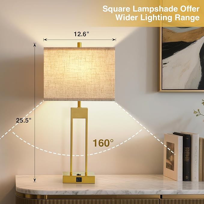 GyroVu 25.5" Nightstand Table Lamps for Bedrooms Set of 2, Bedside Lamp with USB C+A, 3 Colors Changeable Living Room Lamp, Modern Night Stand Lamps for Bed Side Guest Room Reading, Gold+White Shade