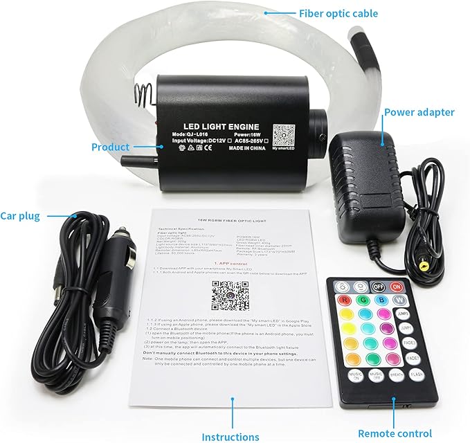 AMKI 16W Fiber Optic Lights Mixed 310pcs 9.8ft Starlight Headliner Light Kit APP/Remote Control Sound Activated Mode for Car&Home Decoration,0.75mm+1mm+1.5mm Optical Fiber Cable Strands
