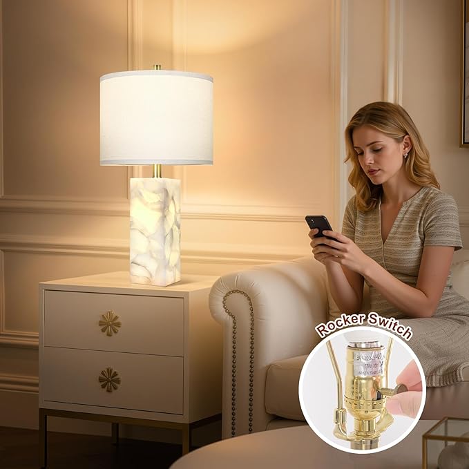 Scenekoy Alabaster Table Lamp Set of 2 with Night Light for Bedroom Living Room, 23" Rotary Switch Bedside Lamp with Linen Shade, Modern Nightstand Lamps for Room Office Dorm (Bulb Included)
