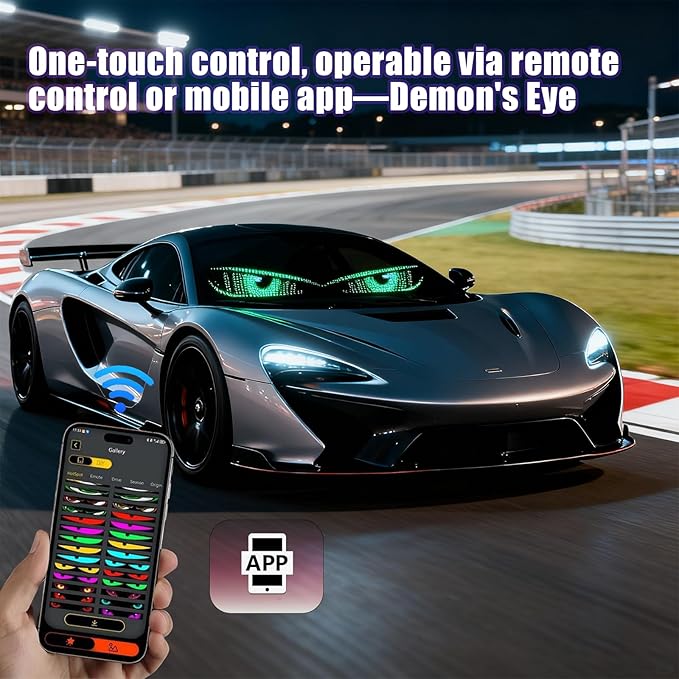 1 Pack 69.4"x7.6" LED Devil Eyes Light Sign for Cars, Truck Windshield LED Eyes, Programmable via App/Remote Control, USB-Powered Flexible Panel, Custom Dynamic Patterns for SUVs, Medium Trucks