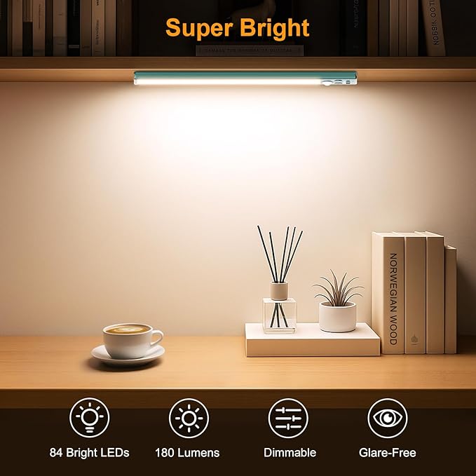 Gritin 10.2inch Under Cabinet Lighting Rechargeable 2 Pack- 3 Color Temps&5 Level Brightness, Super Bright, 4 Modes, Motion Sensor, Long Lasting - Easy Installation Magnetic Under Closet Lights-Green