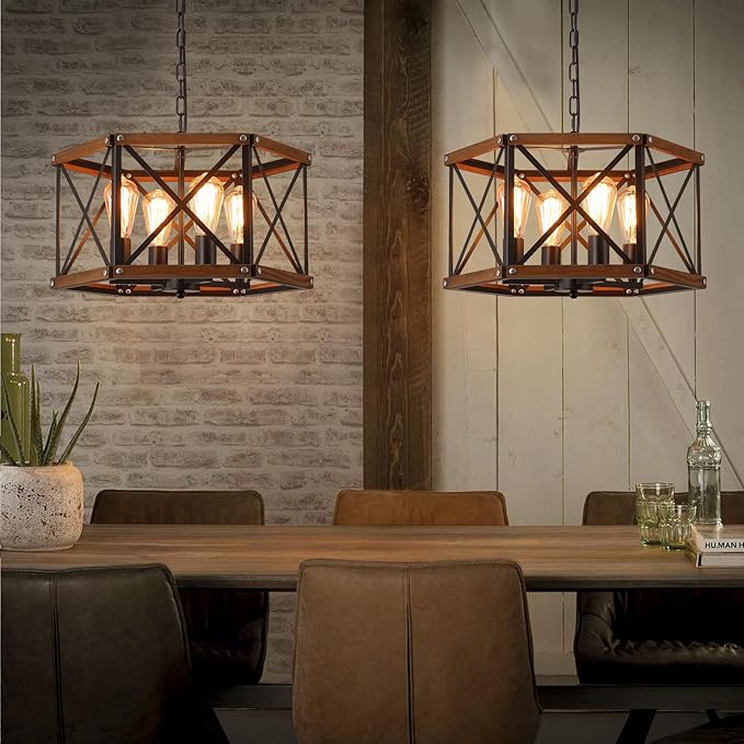 4-Light Large Rustic Farmhouse Plug in Pendant Light Fixture with Adjustable Chain, Dimmable Switch, 20 inch Oak Wood and Metal Cage Hanging Lamp for Dining Room Living Room Farmhouse Entry, Black