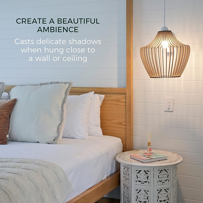 Wood Pendant Light - Easy-to-Assemble Ceiling Chandelier - Modern Boho Hanging Lamp Lighting Fixture for Dining, Kitchen, Bedroom, Living Room - Adjustable Nylon Cord, Uses Standard Bulb