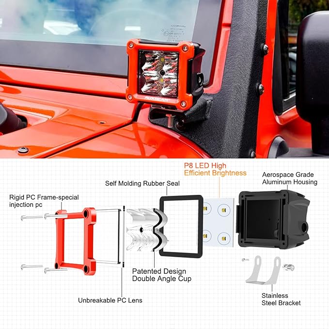 Auxbeam FA Series Red Housing LED Pods, 3 Inch 40W Spot Beam Light Bar, Ditch Off-Road Cube Lights Bumper A-Pillar Hood Mount, with DT Wiring Harness, Pair