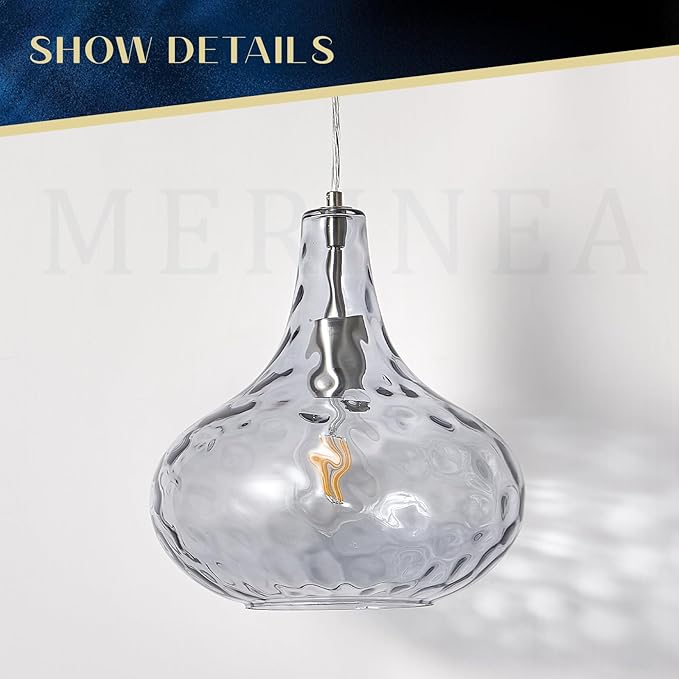 11" Smoked Hammered Glass Pendant Light – Modern Ceiling Hanging Fixture with Brushed Nickel Finish for Kitchen Island, Dining Room, Hallway, Entryway – E26 Base