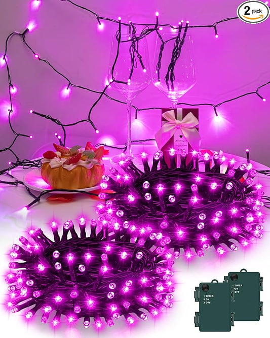 Pink String Lights Battery Operated, Valentine’s Day Lights with Timer Waterproof 9.8ft 30 LED Valentines Decorations for Outdoor Indoor Patio Party Garden Yard Decor 2 Packs