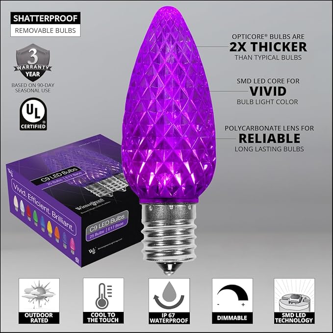 Wintergreen Lighting 25 OptiCore Commercial Outdoor C9 LED Outdoor Christmas Halloween Lights – 25 ft Purple, 3-Year Warranty, Polycarbonate, Commercial Shatterproof