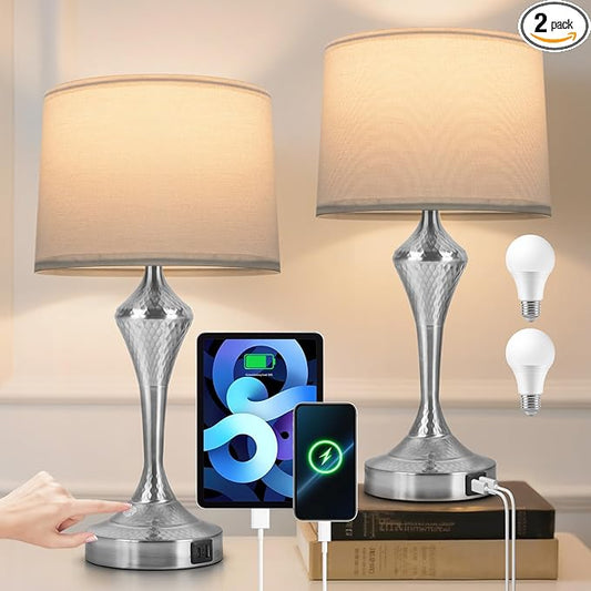 2 Pack Modern Touch Control Table Lamps with USB-C & USB-A Ports, 3-Way Dimmable Bedside Lamps, E26 Base Bulbs Included, for Bedroom Living Room, (Silver)
