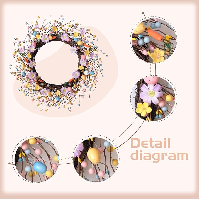 Idyllic 22 Inch Minimalist Fresh Easter Wreath with Easter Eggs Daisies and Carrot Decorations for Front Door Window Living Room Fireplace Easter Decor