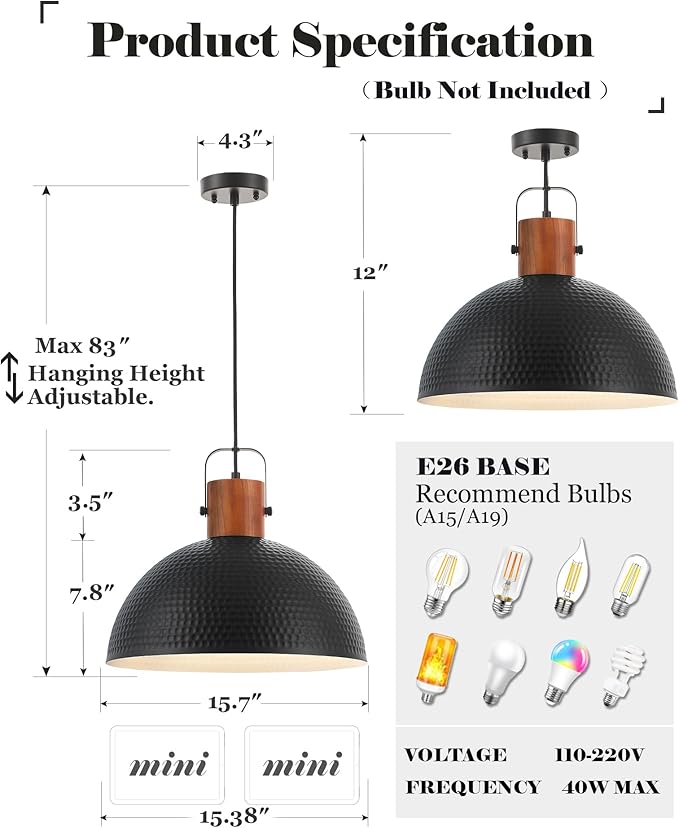 ELYONA 16 Inch Ash Wood Hammered Pendant Light Fixtures, Large Metal Dome Ceiling Hanging Lamp, Industrial Chandelier for Kitchen Island, Bar, Farmhouse, Dining Table, Hallway, Modern Black