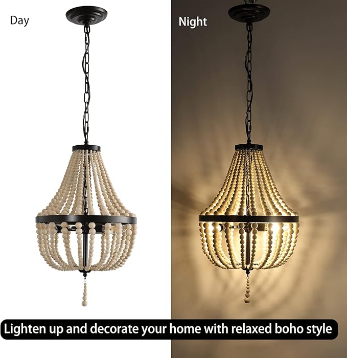 Mini Bohemian Wood Beaded Chandelier 3-Light Pendant Boho Light Fixture,Black Metal Finish Natural Color Wooden Beads, for Bathroom,Living Room,Entryway and Bedroom…