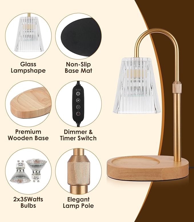 Candle Warmer Lamp with Timer - Electric Dimmer and Adjustable Height for Small Jar Scented Wax Melts - Includes 2 Bulbs for Home Birthday