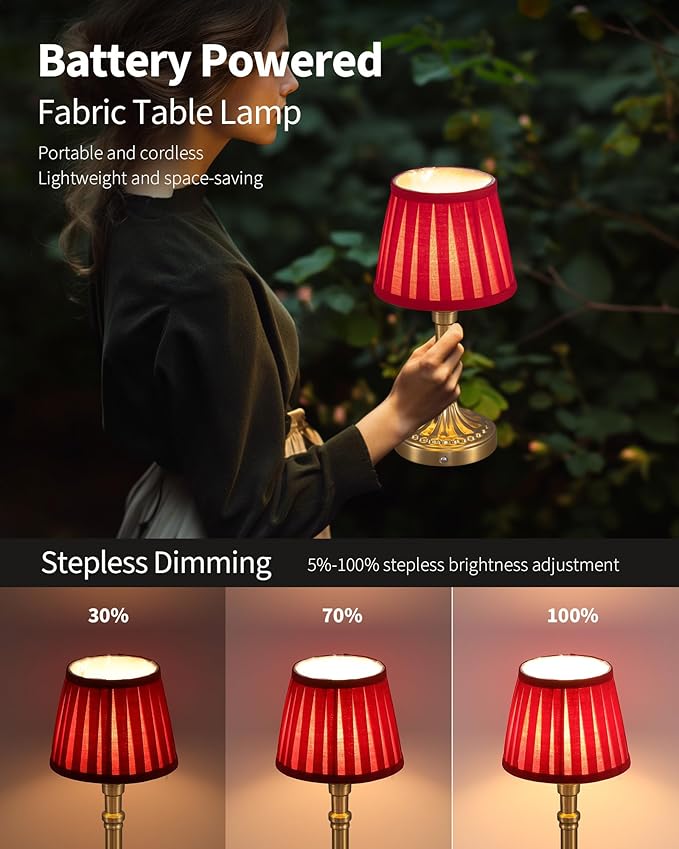 KDG Cordless Portables Table Lamp Set of 2, LED Fabric Shade Small Desk Lamps, 5000mAh Battery Powered Lighting, 2700K Stepless Dimmable Light for Living Room, Dining Room, Bedroom (Gold+Red)