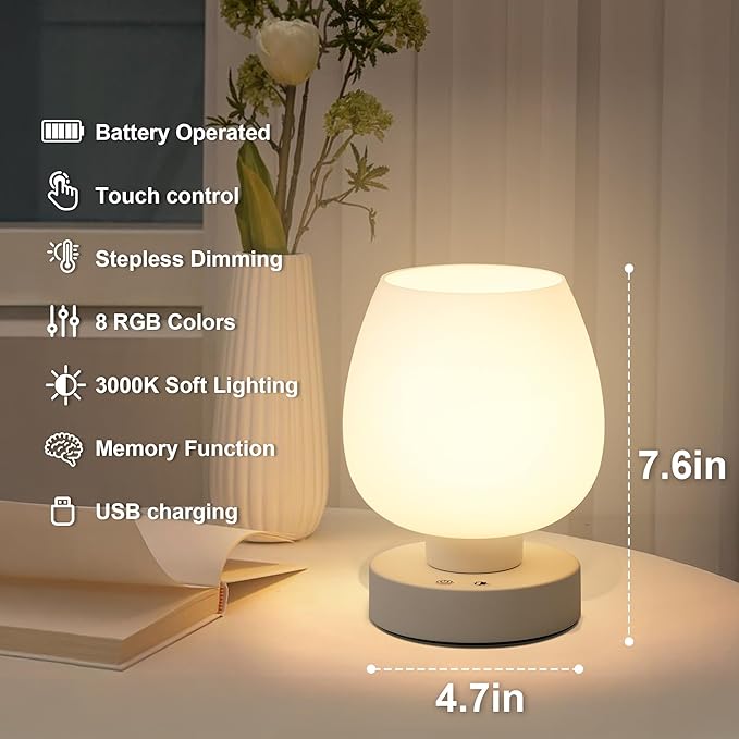 Cordless Touch Bedside Table Lamp Set of 2, Rechargeable Battery Operated Desk Lamps with 8 RGB Colors, Dimmable Small Glass Nightstand Light for Living Room Bedroom Kitchen Counter