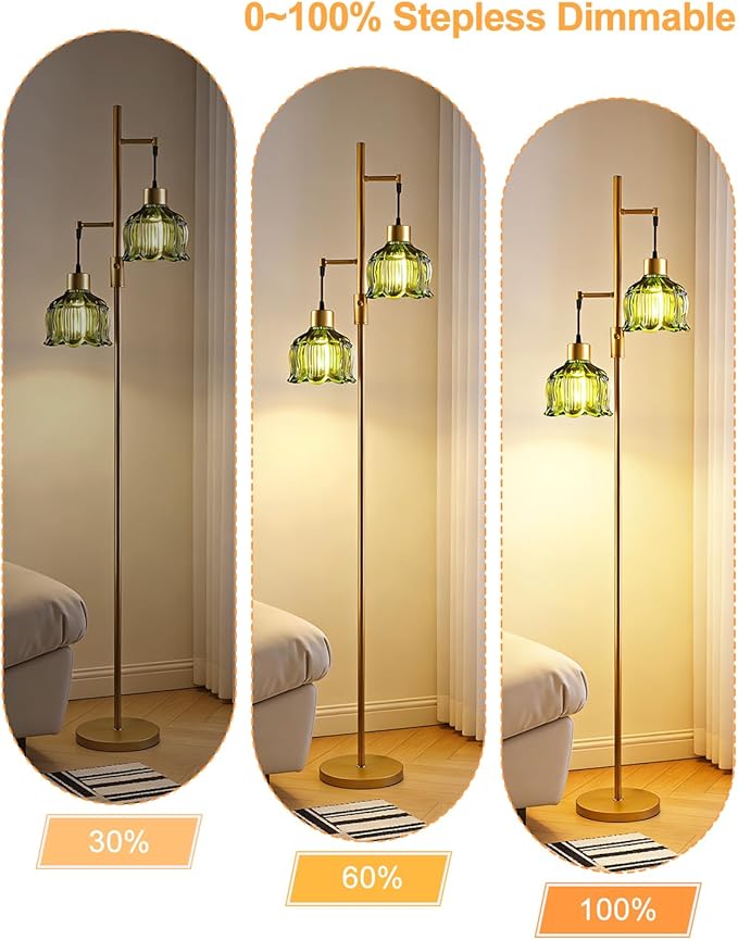 2-Light Gold Floor Lamp for Living Room, 65IN Tall Standing Lamps Dimmable with Green Glass Lampshade, 3000K Warmwhite Mid Century Modern Floor Lamp for Bedroom/Office/Corner/Sofa Beside