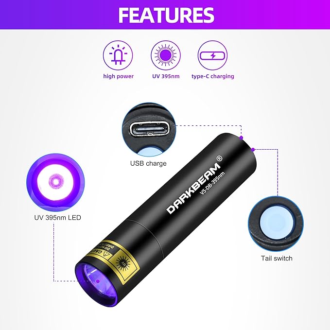 DARKBEAM Flashlight UV Black Light 395 NM, Mini but Powerful USB- C LED Rechargeable Woods Lamp, Ultraviolet Flashlights for Pet Dog Urine, Stains Detection/Resin Curing/Fluorescent Agent
