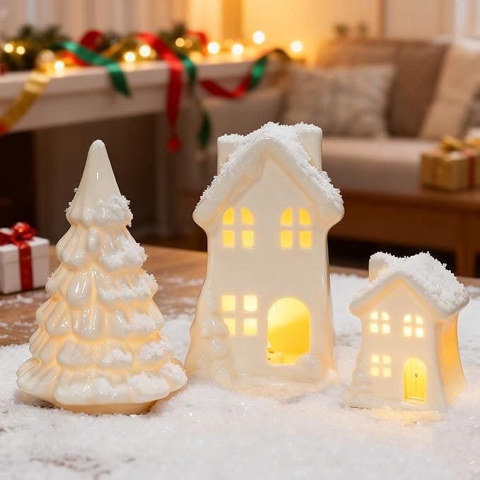 NEROSUN Ceramic Christmas Village Houses, 3Pcs LED Lighted Porcelain White Small House and Xmas Tree Tabletop Figurines, Light Up Christmas Decorations for Home Shelf Cabinet Table Winter Decor