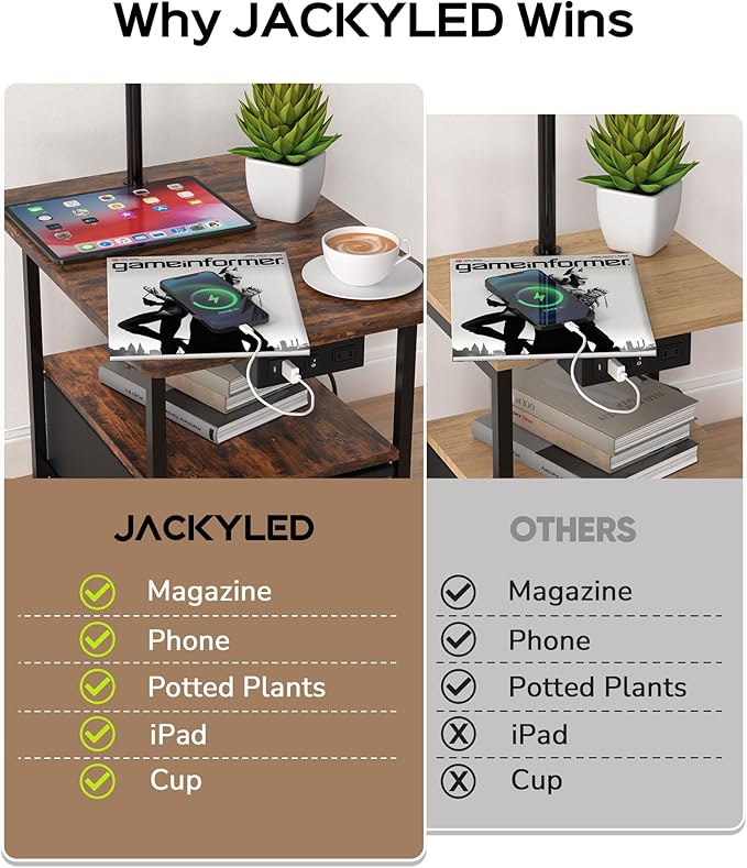 JACKYLED Floor Lamp with Table & 2 Drawers, 3-Color End Table Flood Lamp with Charging Station (USB, Type-C, AC), Vintage Side Table with Lamp for Reading, Bedroom, Living Room, Paper String Shade
