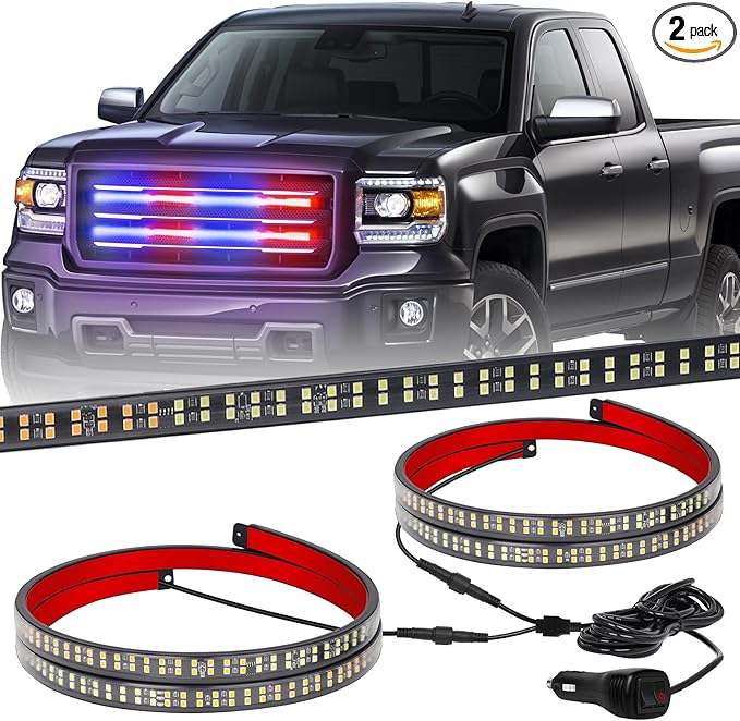 XRIDONSEN 2PCS 24 inch Truck Grill Police Lights Strip 288 LED Red Blue Emergency Strobe Lights Flashing Warning Hazard Caution Safety Grille Lights w/Waterproof Tube for Vehicles Trucks Pickup SUV