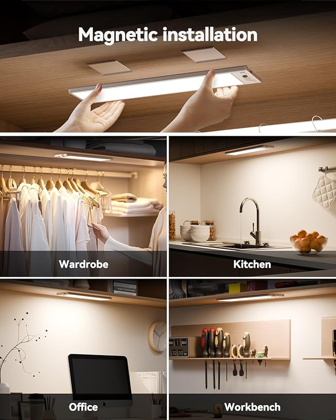 Under Cabinet Lighting Wireless,750LM Ultra-Bright Hand Wave Motion Sensor, 6000mAh Rechargeable Battery Longer Lasting Time Pantry Lights,3 Colors Dimmable Closet Light for Kitchen,Wardrobe,Stairs