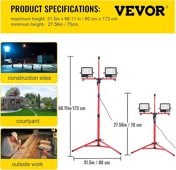 VEVOR LED Work Light with Stand, 2PCS 10000 Lumen Dual-head LED Work Light with 27.6"-68.1" Adjustable and Foldable Tripod Stand, IP65 Waterproofed LED Tripod Work Light, with 5000 K Color Temperature