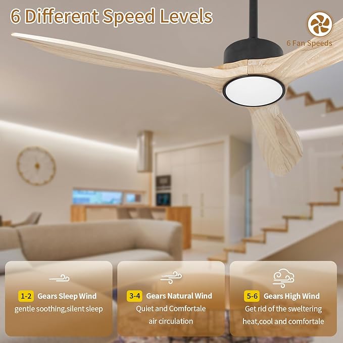 Wood Ceiling Fan with Lights,52Inch Ceiling Fans with Remote Control,Dimmable Light,3 CCT,6 Speeds,Noiseless DC Motor,2 downrod,Ceiling Fan for Bedroom,Living Room,Office,Indoor