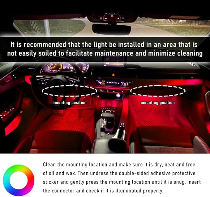 Car Interior LED Strip Light, 12V 24 LED Waterproof Neon Ambient Night Light with USB Port, Automotive Atmosphere Decorative Under Dash Lighting Kit, Car Accessories (Red)