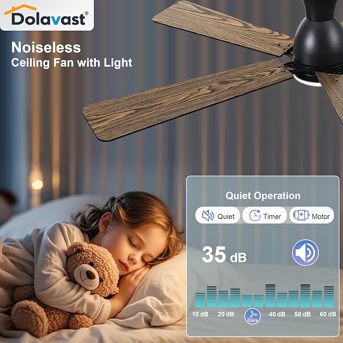 Ceiling Fans with Lights, 60 Inch Low Profile Ceiling Fan with Light and Remote Control, Flush Mount, Reversible, 3CCT, Dimmable LED, Quiet, Black Ceiling Fan for Bedroom, Living Room