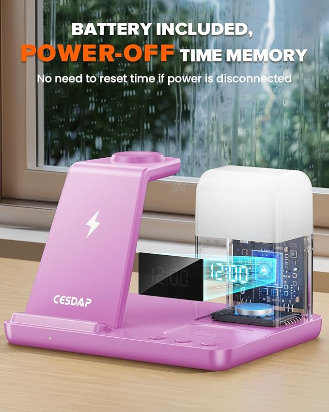 6 in 1 Wireless Charging Station for Apple Charging Station for Multiple Devices with Alarm Clock and Night Light nightstand Charging Station for iPhone 15 14 13 for Apple Watch(Pink)