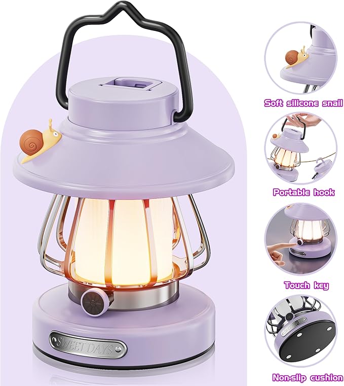 HOMY Snail Camping Lantern for Kids Rechargeable Portable Night Light with 3 Colors & Dimmable, Outdoor Camping Gear, Indoor Bedroom Tent Nightlight Gift for Toddlers