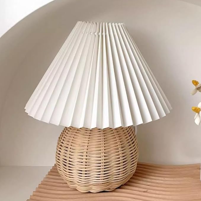 Table Lamps for Living Room, Retro Lamp Small Pleated Table Lamp Rattan Metal Base Modern Bedside Nightstand Lamp with Beige Lampshade