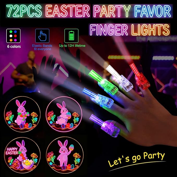 72 Pcs Easter LED Finger Lights for Kids Bunny Egg Party Favors Glow in the Dark Light Up Projector Finger Lights for Birthday Party Goodie Bag Fillers Birthday Easter Basket Stuffers