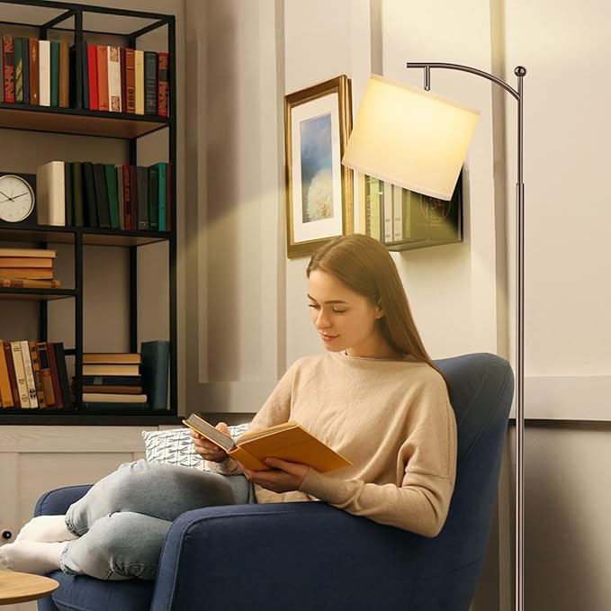 60" Floor Lamps for Living Room with 3 Color Temperatures, Adjustable White Shade with Brown Pole, Tall Lamps for Living Room Bedroom Office Classroom Dorm Room, 9W Bulb Included
