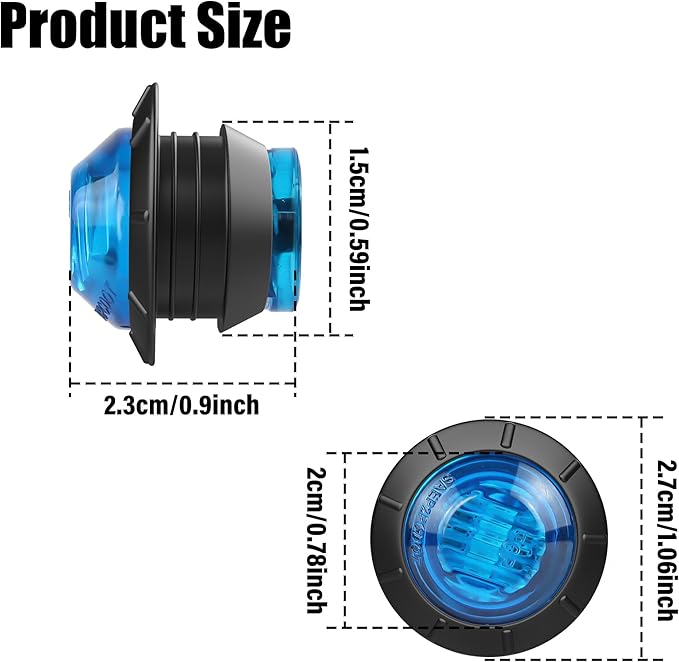 ALFU 10PCS Blue 3/4" 12V LED Boat Interior Lights Marine Navigation Lights Clearance Marker Lights Round Bullet Side Indicator Lamps for Truck, Trailer, RV, Van, Boat, Bus, Caravan