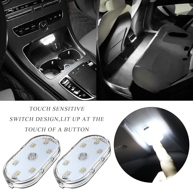 2 PCS Car LED Lights Interior Wireless, Sticky Car Ambient Lighting with 6 Bright LED Lamp Beads, Portable USB Rechargeable Vehicle Interior Led Night Light for Car (White)
