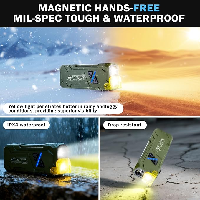 EDC Rechargeable Flat Flashlight 1000 Lumens White LED/UV/RGB Ambient Signaling Flashlights, Magnetic Clip on Pocket Light for Outdoors, Emergency, Working (1, Green, Compact)