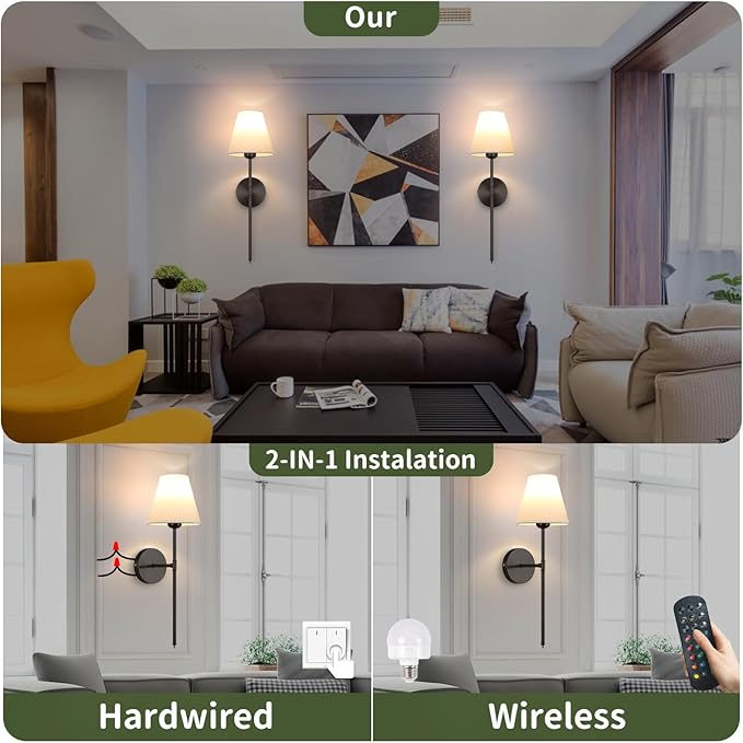 Battery Operated Wall Sconce Set of 2,15 Colors Wireless Wall Light With Dimmable Remote Control Last 18-50 Hours,Black Rechargeable Wall Lamp With White Fabric Shade For Living Room Bedroom Hallway