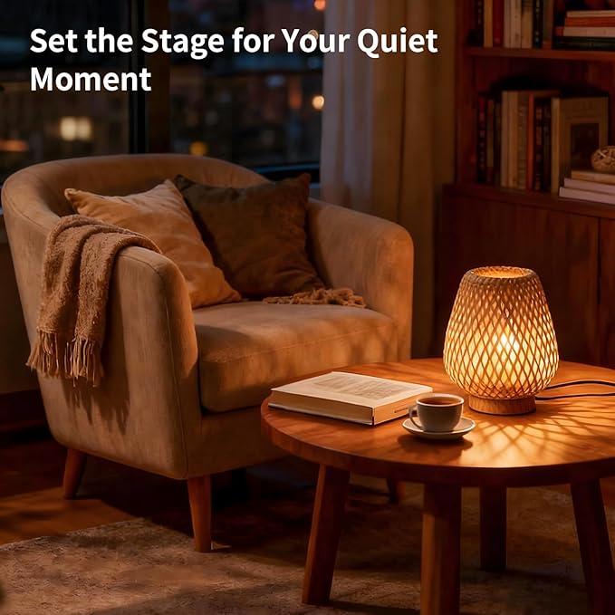 Table Lamp with Double Layer Woven Shade Wood Base,Desk Bedside Small Lamps with 6ft Power Cord, 110V Plug, Dimmable E26 Socket (Bulb Included) for Living Room Night Stands Bedroom