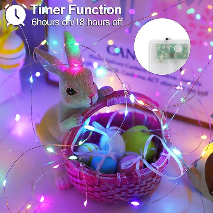 YAOZHOU Easter Decorations Pastel Fairy String Lights Indoor, Battery Operated Powered with Timer, 2 Pack Total 33FT 100 Led Mini Mason Jar Waterproof Firefly Lights for Garland DIY Party